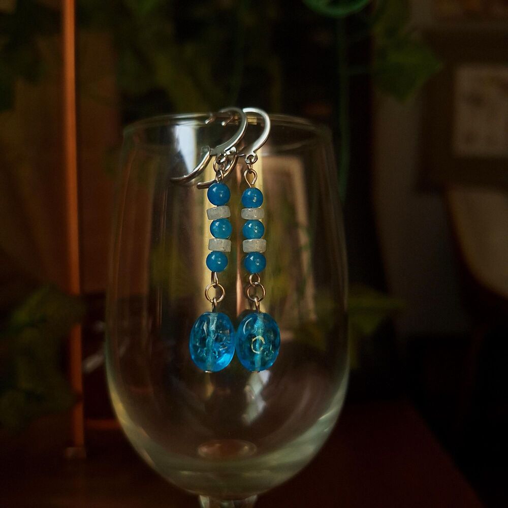 Aqua Quartz & Glass Earrings, Stainless Steel Leverback - Picture 7 of 9